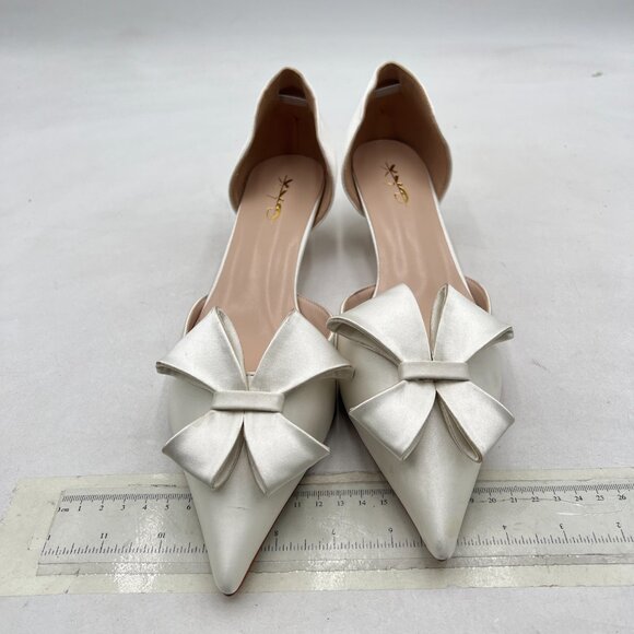 XYD Ivory D'Orsay Kitten Heel Bridal Bowknot Pumps Elegant Pointed Toe Shoes - Picture 3 of 8